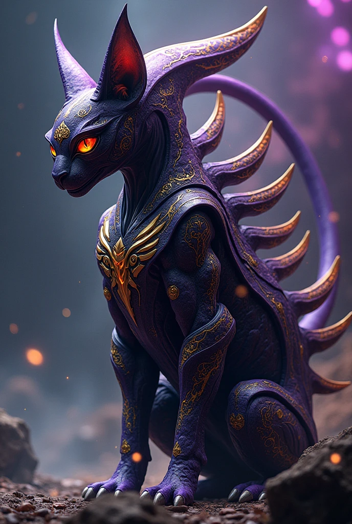 ((masterpiece)) ((photography)) ((Highest quality)) A regal fusion of Beerus, the God of Destruction, and a Xenomorph, featuring Beerus’ feline elegance mixed with alien biomorphic designs. His body is armored with a sleek, purple-black carapace adorned with glowing golden markings, resembling his divine attire. His long ears are sharpened into jagged, alien spines, and his tail is elongated with a barbed end. His piercing eyes glow with divine power.  

Background: A cosmic temple floating in the void.