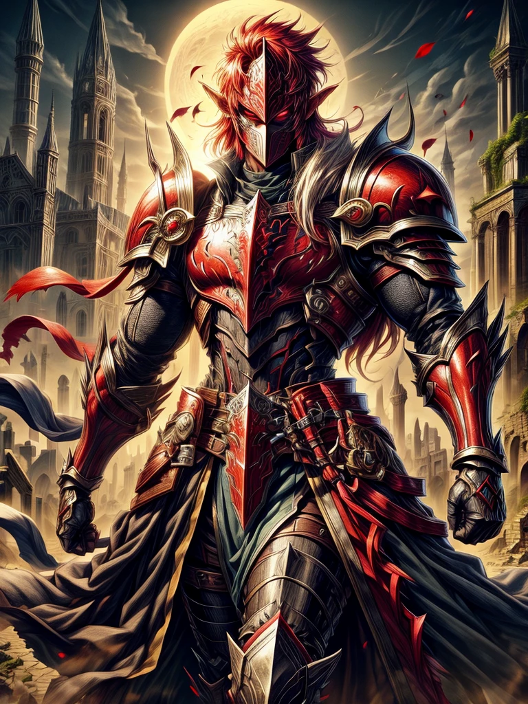 Shining scarlet red-eyed male elf knight of darkness in mask with medieval ruins in the moonlight background