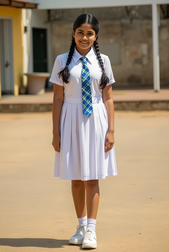 a beautiful cute young teen school girl, sri lanka , medium chest size , detailed white frock uniform, standing , white shoes and socks , full body , wide photo ,cinematic lighting, hyperrealistic, photorealistic, 8k, masterpiece, warm colors, natural lighting , high quality, intricate details