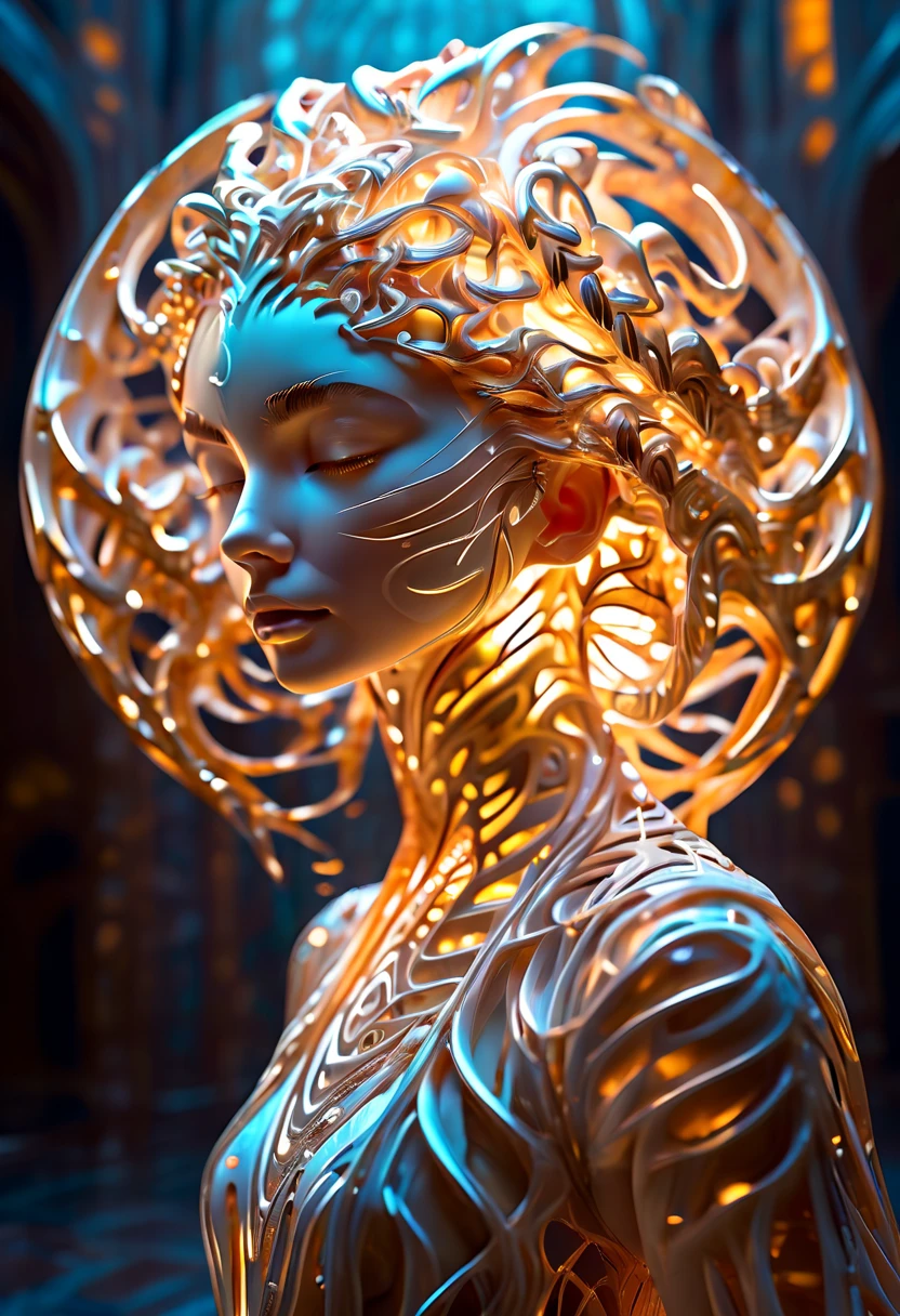 epic cinematic shot of dynamic Midjourney, MJ, Midjourney style, realism, cinematic quality, play of light, gradient, glow, stunning An intricate sculpture with patterns that seem to float and rotate around a central female face with closed eyes. Predominantly white or light color to highlight the finely executed details. Create a dynamic effect with patterns that give the impression of movement in motion. main subject of high budget action movie. raw photo, motion blur. best quality, high resolution