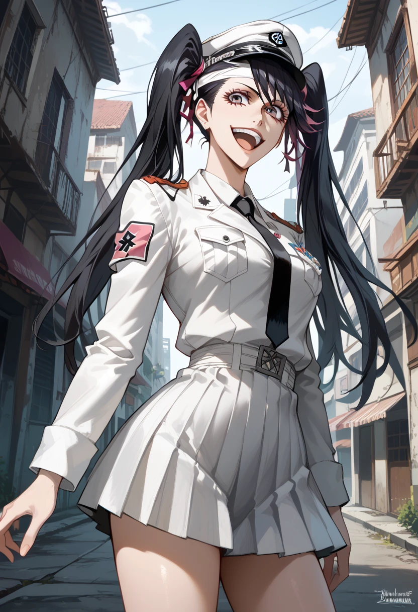 masterpiece,  best quality, Abandoned city and fire in the background, White Nazi SS soldier, 4K Manga Wallpaper,  bleach, Exterminator,  Chartier Bradfaulne, Bad Ass Anime 8k , gapmoe  yandere,  yandere、  Eerie Smile , Crazy Laughter, I stopped laughing from the edge of my mouth ,   Long Black Hair ,  white mini skirt , White long sleeve military uniform