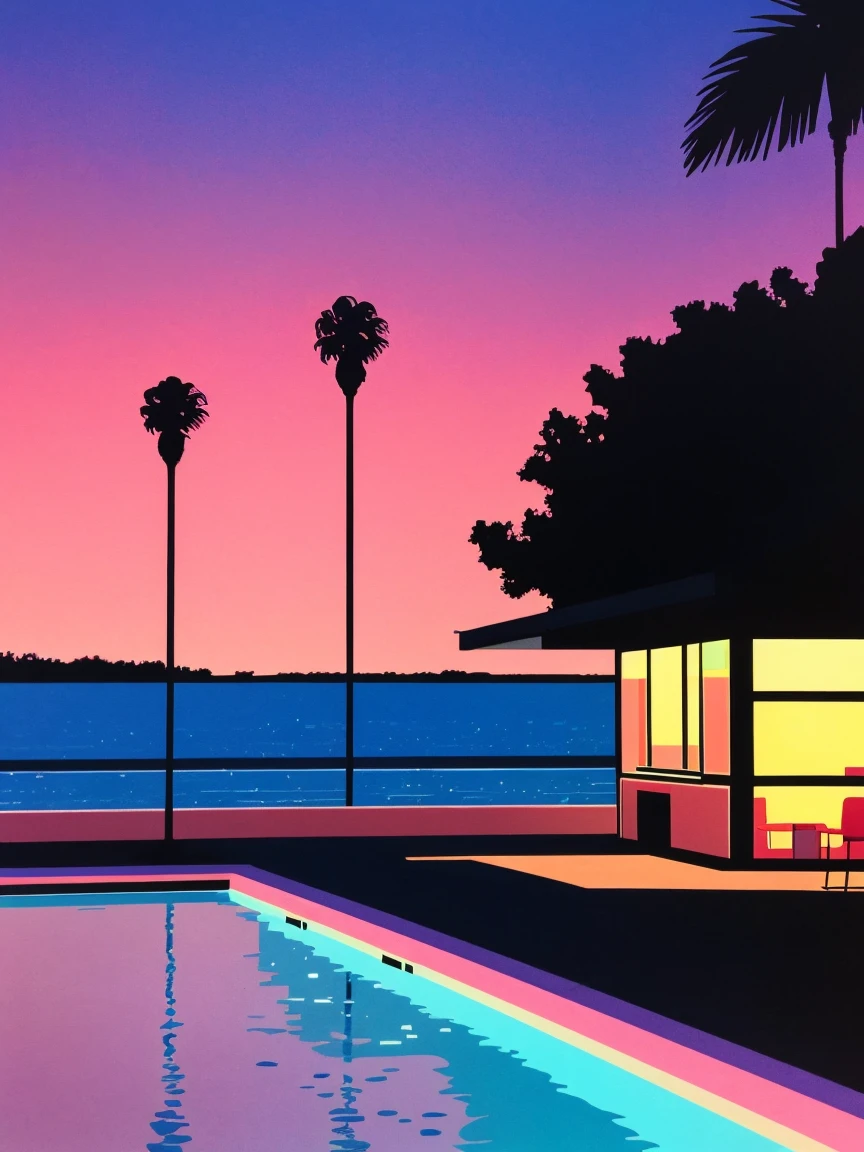 Create an artwork deeply immersed in the vaporwave aesthetic of the 80s, heavily influenced by Yoko Honda's vivid artistic style, adopting a minimalist approach. Picture a retro-futuristic beach and pool scene captured at sunset, illustrated in a 2D, flat perspective without any vanishing points. The sky above blazes with intense hues of orange, pink, and red—vibrant colors that reflect off the calm waters of the sea and pool, producing a visually captivating effect. Around the pool, include neon-lit palm and coconut trees, rendered in a stylized, simple form to enhance the tropical and otherworldly ambiance with sparse but striking placements. Decorate the pool area with whimsical 80s-themed floaties, such as neon flamingos and unicorns, adding a playful and nostalgic touch. Additionally, integrate geometric neon lights that cast a surreal glow across the scene, providing minimal yet effective illumination. The setting features a stylish, minimalist beachside bar visible behind large, flat glass windows. Inside, the bar should display pastel-colored walls and floors adorned with luxurious terrazzo and marble textures, achieved using Yoko Honda’s signature textured brushes to create a tactile and visually rich surface. Place chic 80s-style drinks and cocktails along the poolside to emphasize the leisure lifestyle of the decade. This scene merges retro luxury with vibrant, warm color palettes in a minimalist, flat 2D composition, crafting a scene that is not only timeless but also distinctively reminiscent of the 80s and true to Yoko Honda's style.