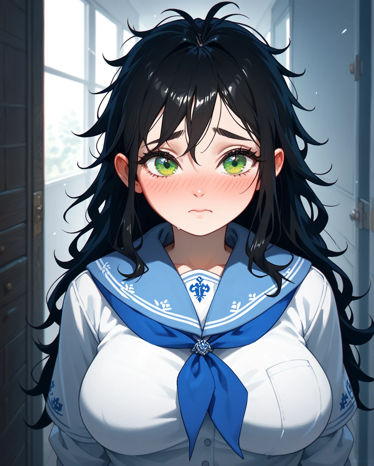 ((1girl)), solo, ((upper body view)), ((close up on face)), ((top view)), black hair, long hair to shoulder, messy hair, fluffy hair, messy bangs, bangs covering forehead, straight bangs, green eyes, dark circles, shy face, blushing, ((looking away, facing viewer)), black female school uniform, blue scarf, big breasts, wide hips, ((standing)), ((hands behind)), ((shy posture)), ((school hallway scenery)), ((medieval fantasy style)).