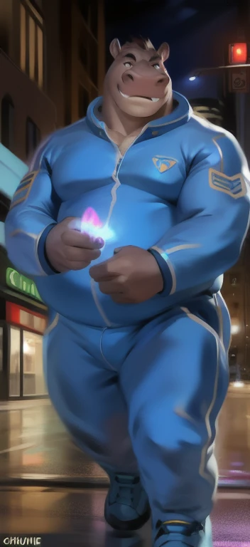 Solo, female, black and blue spacesuit, ((hair, snout)), goat, by bebebebebe, standing, street, breasts, fat, overweight, massive belly, vore, large stomach
