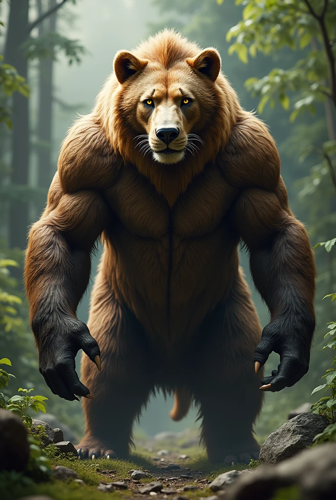 A very strong, imposing werewolf with a strong gaze and muscles wearing military pants in a private club, a little angry, with brown fur, serious