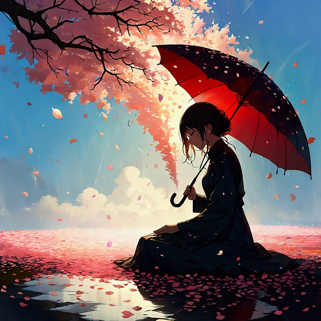 1girl\(holding umbrella\(transparent,(mass amount of petals decorate umbrella:1.3)\)\), (mass amount of petals filling in the air:1.5). petals cover ground. minimalism, simplism. BREAK .quality\(8k,wallpaper of extremely detailed CG unit, high resolution, top-quality, top-quality real texture skin, hyper realistic, increase the resolution, RAW photos, best quality, highly detailed, the wallpaper, golden ratio, high saturation realism, vibrant colors, dramatic lighting, persuasive storytelling, atmospheric scenery, captivating visuals, intricate details, strong emotions, dreamlike world\),