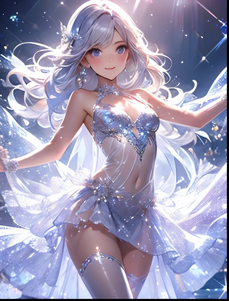 (((SFW、Precision、Highest quality、A first-class masterpiece、Normal body、8k、 Detailed Face 、Ultra-precision、 Normal hand、5refer to、Highest)))、A cute, pretty, young, and cute silver-haired girl wearing a transparent, transparent, and glittering belly see-through v-cut super high leg cut dress that allows her skin to see through is dancing with her hands and legs spread out