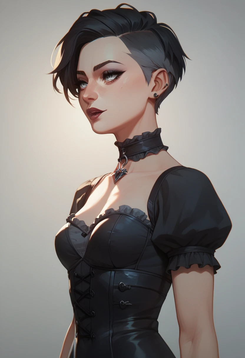 Light-skinned girl with a gray eye  ,  with long beige short hair and gothic dress