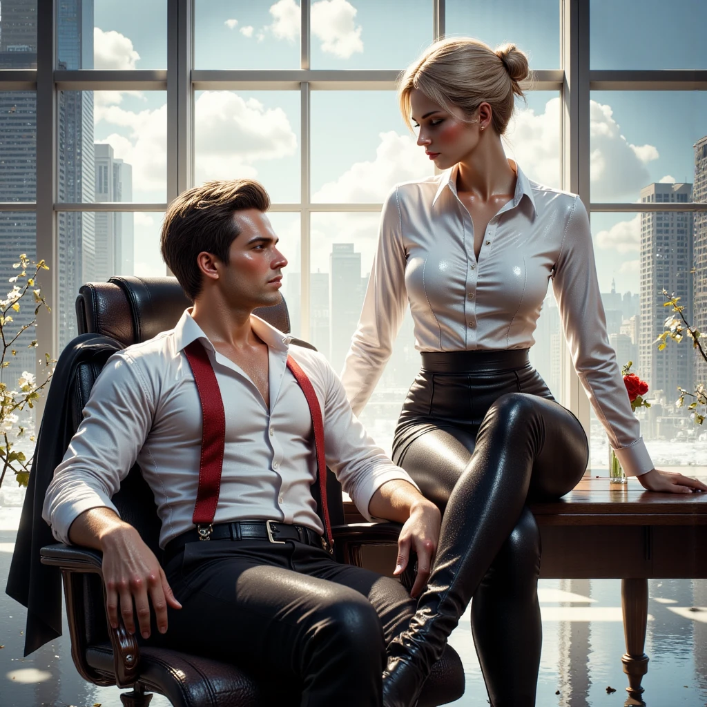 FOR BOOKCOVER, modern fantasy world, book cover photorealistic illustration a very handsome 30 years brutal attractive sexual businessman dressed in suit sit on chair with his beautiful cool smile 18years smile flirtous cool sexy woman with short blondhairs dressed in white silk blouse and black sirt in cool pose, face to face,dynamic scene,in modern dress,in the background modern office with panoramic window city view, face to face, love, tenderness, care, bright colors, glitter, waist high, maximum texture, super high detail, perfect natural proportions, contrasting bright colors, dynamic pose, high quality, sharp focus, highly detailed facial features, uplight, focus eyes, clean eyes with detail, volumetric lighting, hyperreal photograph, high contrast, depth of field, unreal engine5 --niji 5 VIBRANT VIVID,perfect anatomy,perfect hands,perfect fingers. Triadic vivid colors. (((ultra textured))) (((look eyes to eyes: 1.5)))