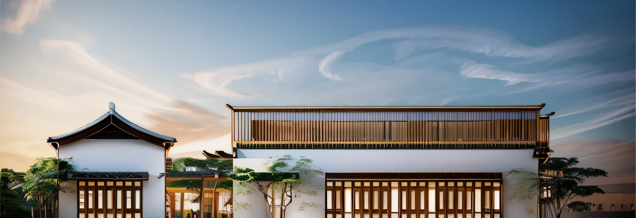 a beautiful detailed architectural rendering of a building with curved windows, surrounded by lush bamboo, detailed exterior, daylight, soft lines, minimalist design