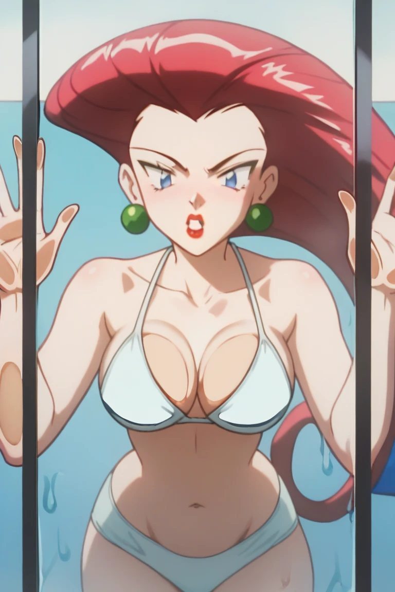 PMJessie Shocked, red hair, long hair, blue eyes, Prominent Neck,  face focus, lipstick, earrings, breasts, wear a white bikini, show full belly complete,  in front of  glass,  tall height, slender tall body,  POV incoming kiss,  fair skin, face focus, belly on glass,