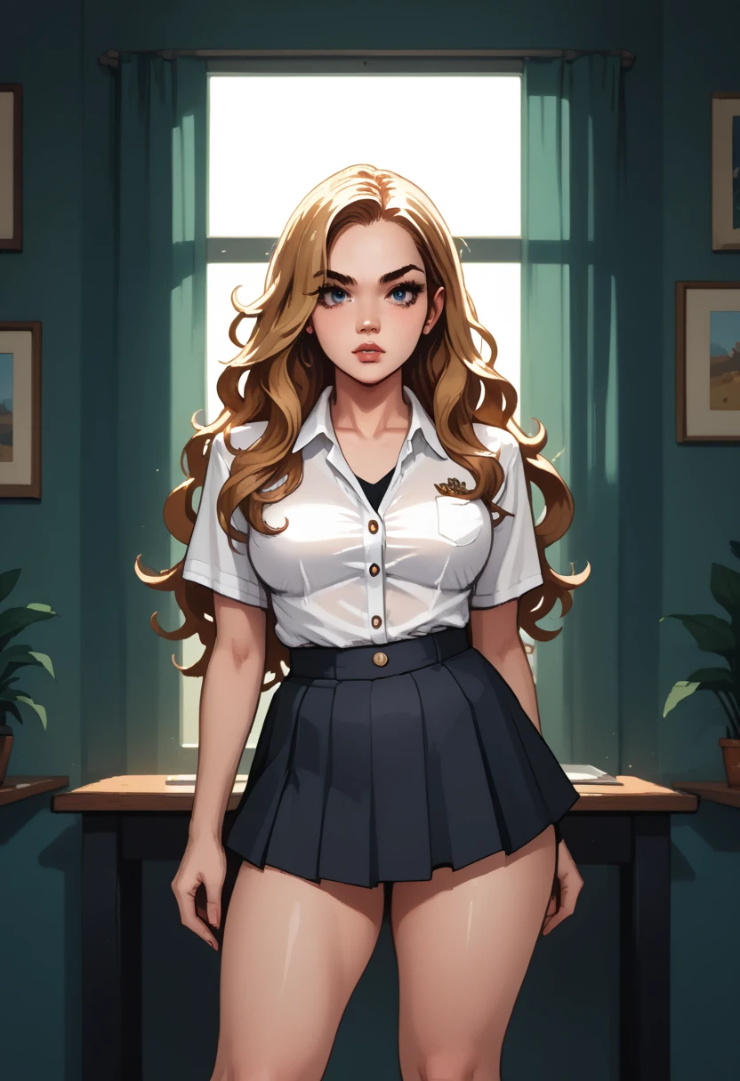  Best Quality ,  ultra high resolution, 1 girl,  vintage comic,button down shirt,  short black skirt ,school,  Wavy blond hair, breasts, ( long hair:1.2),  looking at the viewer, ( highly detailed face :1.1), thick thighs , white socks , hand on the waist,  arrogant ,vain,detailed body,