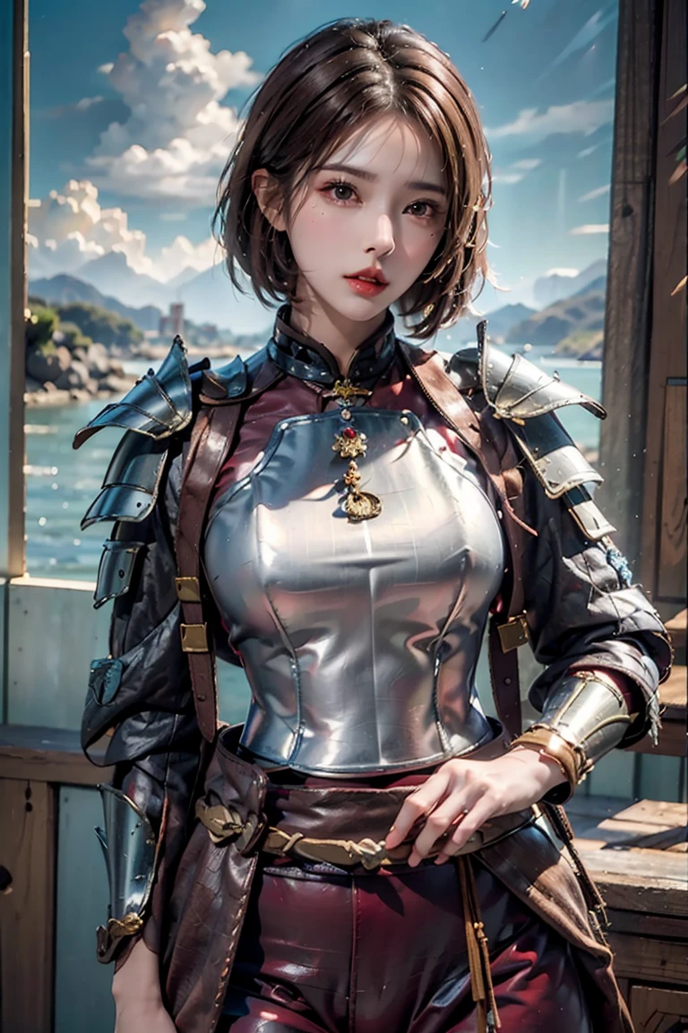 woman,masterpiece,  actual ,  best quality, Super Fine, cowboy_shooting, Short hair, Stay in the sea，Brown hair,  red lips, jewelry, Samurai Armor, shogunate armor，Purple clothing