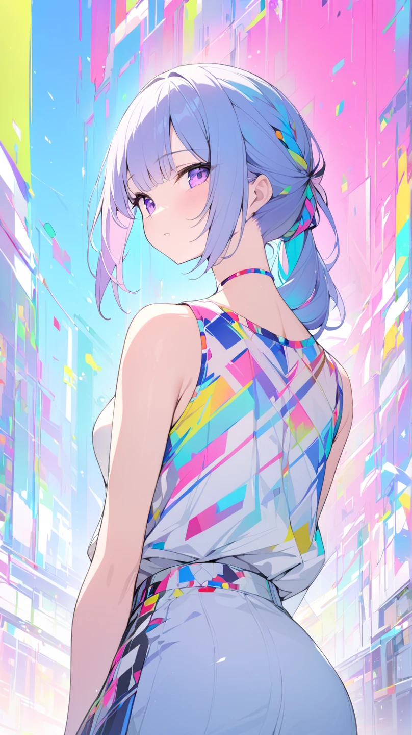 (high quality, 8k, 4K, High Contrast, masterpiece:1.2, 最high quality, Best aesthetics), (Dynamic Angle), ((1 female teen)), (Full Shot), ((Plain and bright background)), ((Flat Color)),(The upper body is a plain grey camisole), (Lace patterned panties in full view), Turning his back, Posture with buttocks sticking out, Looking at the audience, Upper Body, Transparent Background, Sleepy eyes, High Contrast, Contrasting colors, , Pale pink and blue lighting, ((Short Hair)) , Rainbow Hair, Small star-shaped earrings in both ears, watch, bright eyeshadow, Cool look, Angle of view that allows space above the head to see the background,