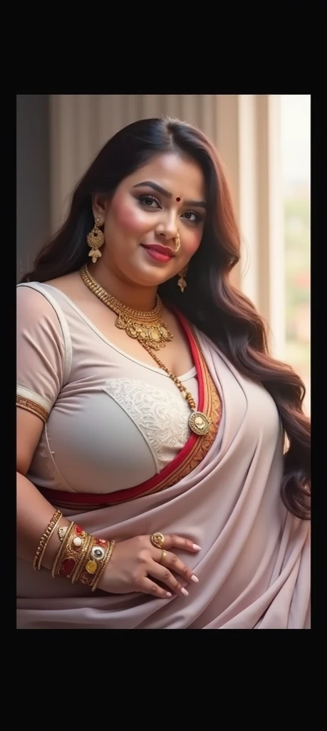 An indian plus size sexy aunty wearing transprant white blouse with red saree