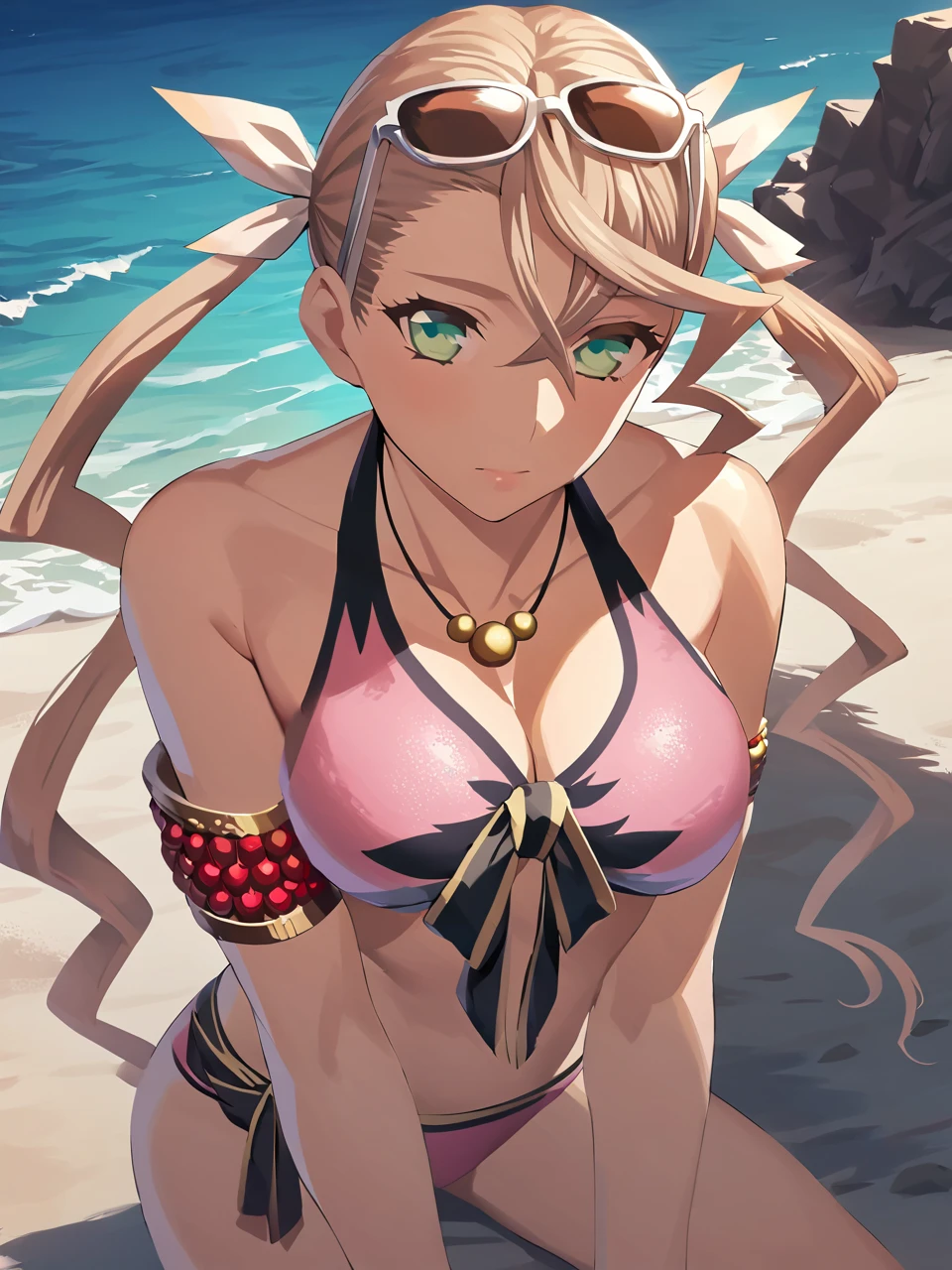 adswim,  blonde hair, ( long hair,  twin tails:1.1), Green Eyes, ( pink bikini:1.1),  front tie bikini top,  Necklaces ,  sunglasses, armlet, bracelet,  glasses on her head ,  1 girl, solo
BREAK
beach, crystal-clear ocean water,  sandy beach,  depth of writing,  Movie-like , masterpiece,  best quality, Game CG
 