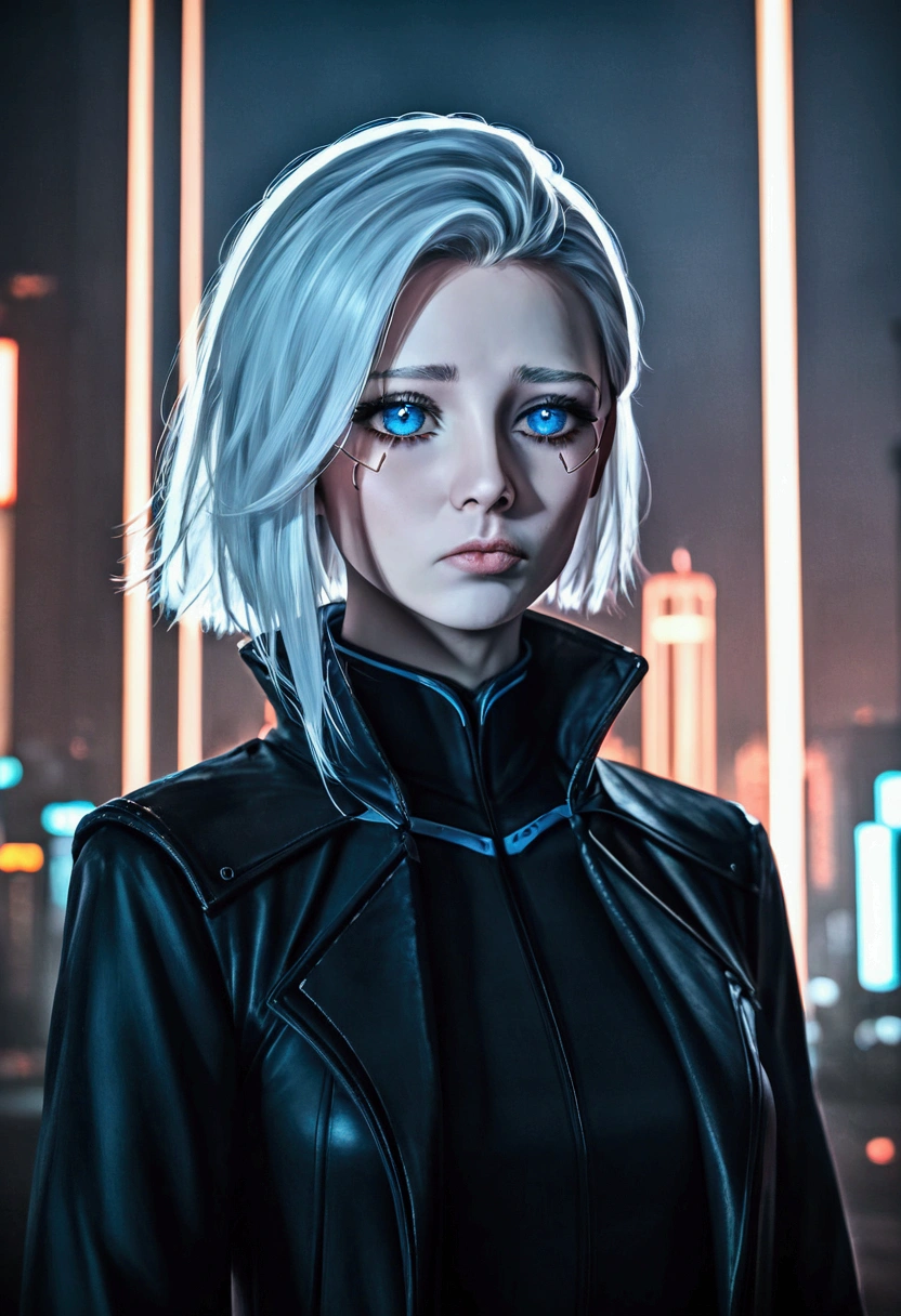 a girl, short white hair, blue eyes, long black coat, coat billowing in the wind, night scene, in the city, sad eyes, beautiful detailed eyes, beautiful detailed lips, extremely detailed eyes and face, longeyelashes, cinematic lighting, moody atmosphere, dark and dramatic, cyberpunk, neon lights, science fiction, muted tones, (best quality,4k,8k,highres,masterpiece:1.2),ultra-detailed,(realistic,photorealistic,photo-realistic:1.37)