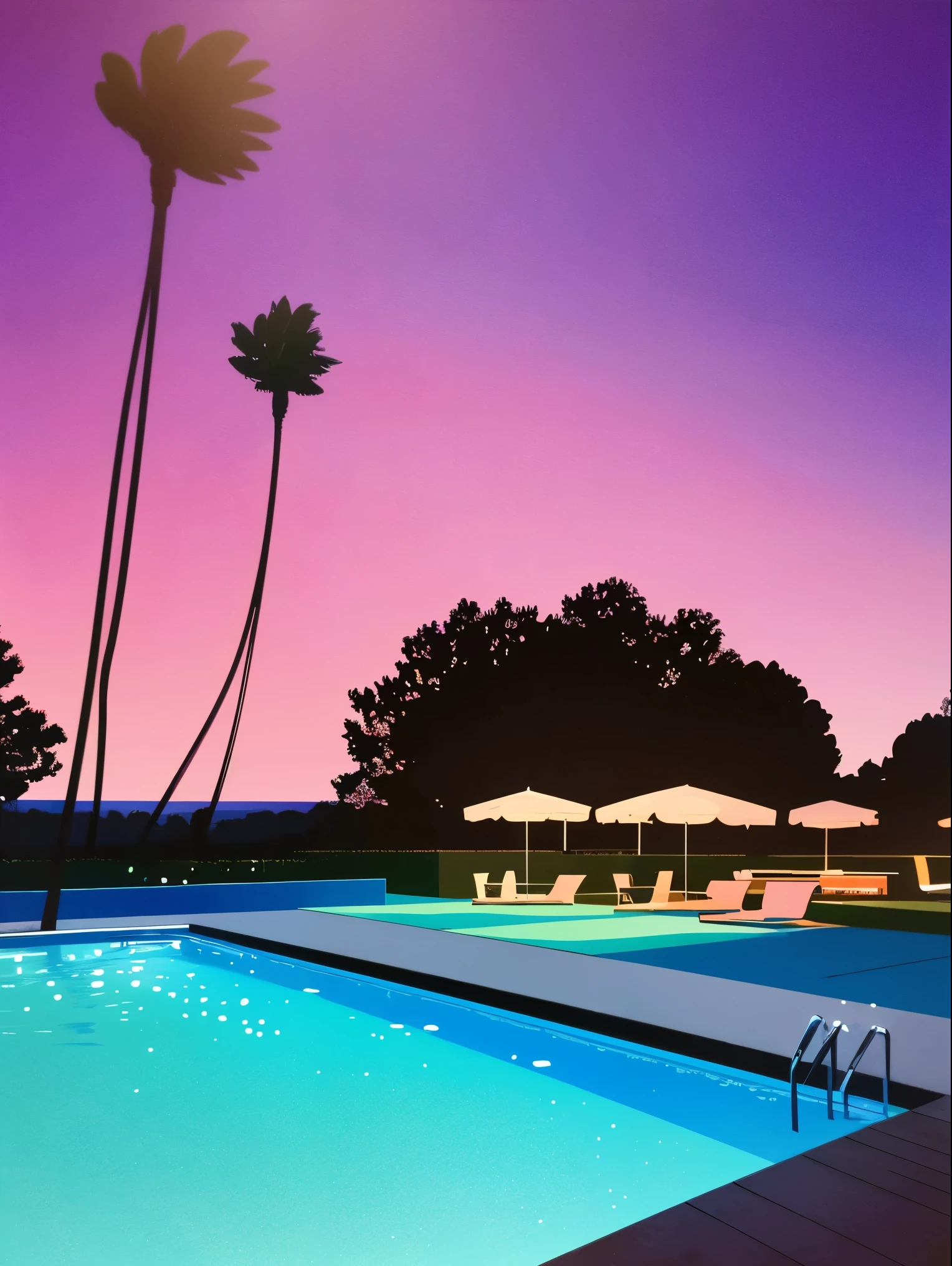 Create an artwork deeply immersed in the vaporwave aesthetic of the 80s, heavily influenced by Yoko Honda's vivid artistic style, adopting a minimalist approach. Picture a retro-futuristic beach and pool scene captured at sunset, illustrated in a 2D, flat perspective without any vanishing points. The sky above blazes with intense hues of orange, pink, and red—vibrant colors that reflect off the calm waters of the sea and pool, producing a visually captivating effect. Around the pool, include neon-lit palm and coconut trees, rendered in a stylized, simple form to enhance the tropical and otherworldly ambiance with sparse but striking placements. Decorate the pool area with whimsical 80s-themed floaties, such as neon flamingos and unicorns, adding a playful and nostalgic touch. Additionally, integrate geometric neon lights that cast a surreal glow across the scene, providing minimal yet effective illumination. The setting features a stylish, minimalist beachside bar visible behind large, flat glass windows. Inside, the bar should display pastel-colored walls and floors adorned with luxurious terrazzo and marble textures, achieved using Yoko Honda’s signature textured brushes to create a tactile and visually rich surface. Place chic 80s-style drinks and cocktails along the poolside to emphasize the leisure lifestyle of the decade. This scene merges retro luxury with vibrant, warm color palettes in a minimalist, flat 2D composition, crafting a scene that is not only timeless but also distinctively reminiscent of the 80s and true to Yoko Honda's style.