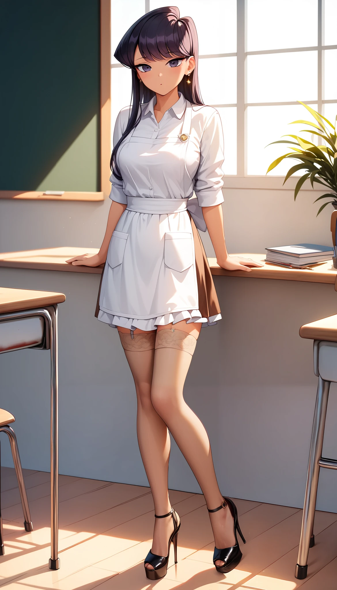 (Perfect Anatomy), Masterpiece, Ultra High Quality, 8k, masterpiece, Highest quality, Ultra-high resolution, Maximum resolution, Very detailed, Professional Lighting, anime, young female, 1 japanese 1 female, Komi Shuuko, thin teen, so beautiful, Highly detailed eye, Highly detailed face, Golden earrings, Ink Hair, Grey eyes, Straight bangs, full body, standing, (wearing a (brown short dress with lace white apron)), short brown dress, (classroom indoors theme), (tan stockings), (high heels) (platform stilettos), show her wet inner thighs