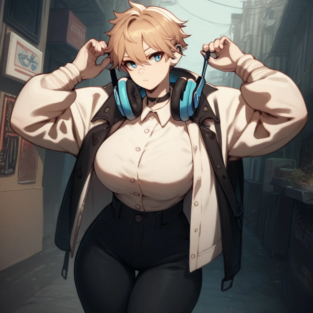 Tomboy girl with short blond hair,  blue-eyed headphones, With breasts that are too big, and big thighs , A white long-sleeved shirt,  black pants ,  a black tie ,  and a choker around his neck .