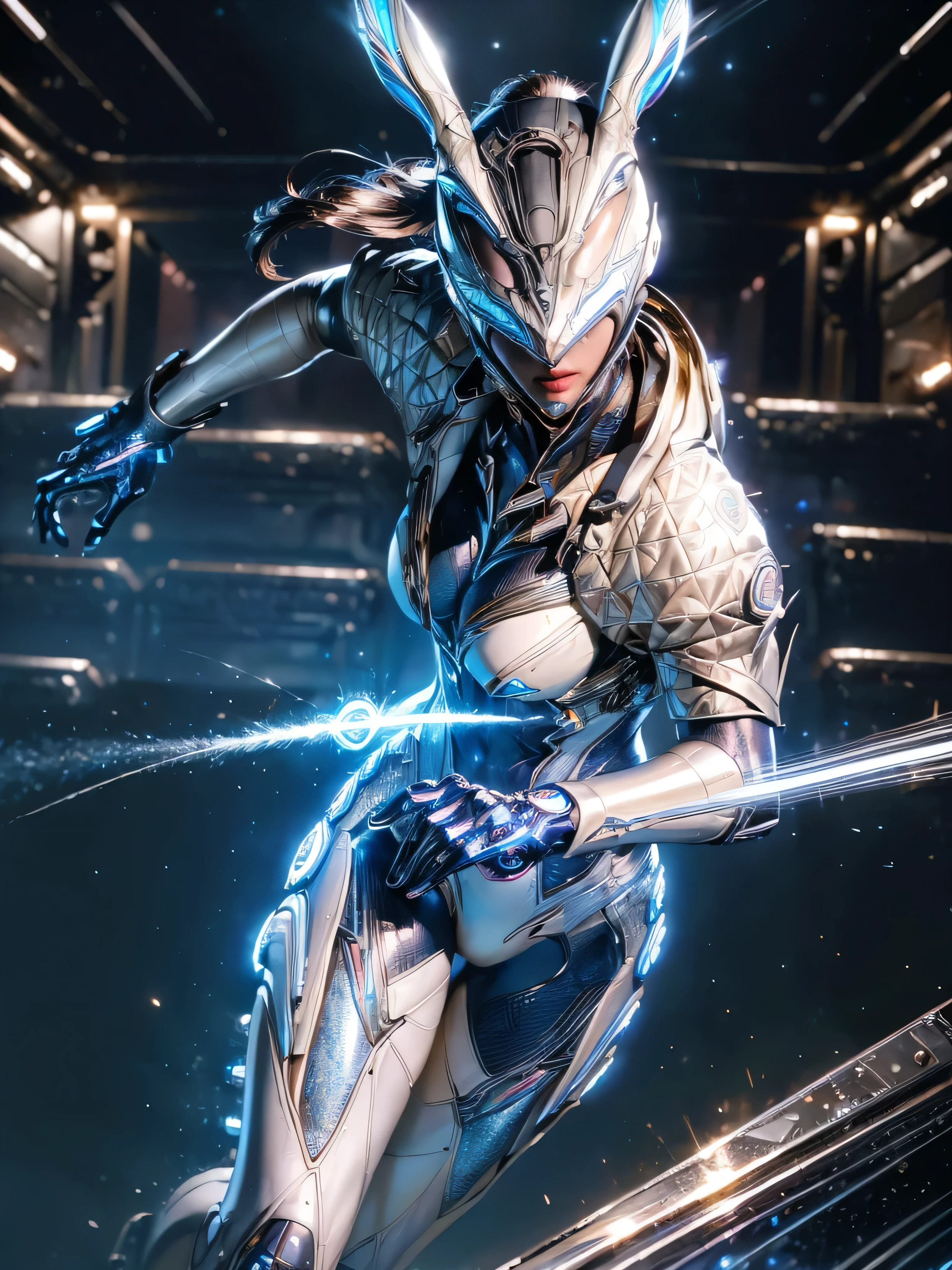 ((Masterpiece)), (high resolution:1.4),(bunny from the First Decendant) looking at viewer, (futuristic environment:1.5), beautiful face revealed, highly detailed skin, skin pores, (highly detailed face:1.1), (highly detailed eyes:1.1), realistic pupils, full face blush, full lips, (perfect anatomy:1.1), (perfect proportions:1.1), (photography:1.1), (photorealistic:1.1), volumetric lighting, dynamic lighting, real shadows, (highres:1.1), sharp focus, (realistic, hyperrealistic:1.4), intricate, high detail, dramatic, subsurface scattering, big depth of field, vivid, polished, sharpened, ((full Sharp)), (extremely absurdres),16k hdr, (angled lighting:1) (slim legs:1) (electricity lightning flowing from body:1) (closeup:1), leaning forwards, gold visor, silver metal helmet, makeup face:1, korean, (Electricity particles in the background:1.5), (lightning:1), (electricity effects:1) (raised butt:1)