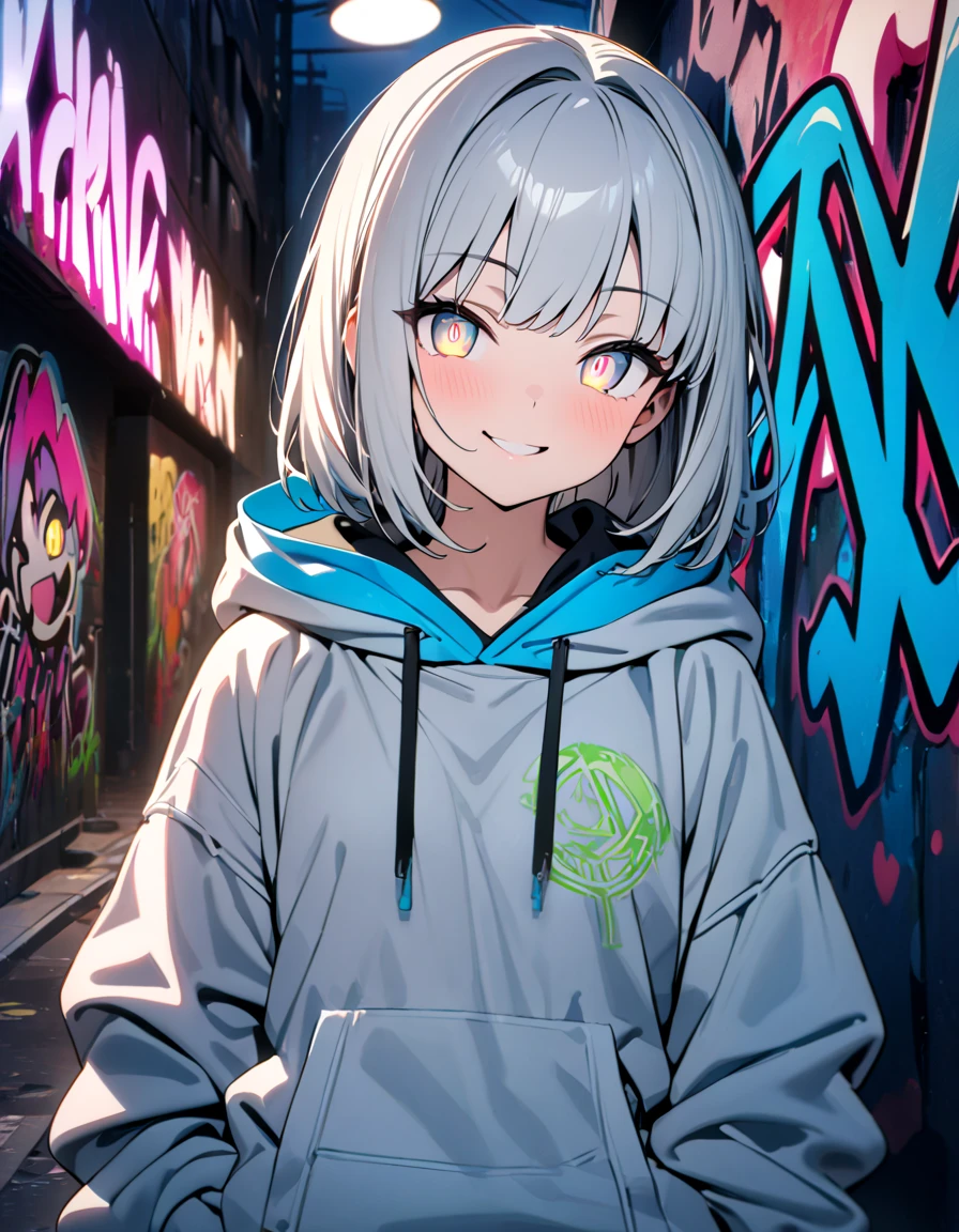 masterpiece,  best quality, 8k, detailed background, masterpiece,  best quality, smile,  small hips ,  hoodies , Portraiture, Neon Blue, graffiti, dark, night, Shining Eyes,  black light,Konpaku Youmu