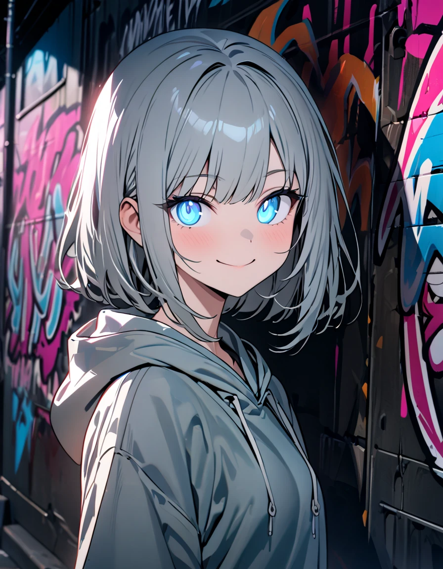 masterpiece,  best quality, 8k, detailed background, masterpiece,  best quality, smile,  small hips ,  hoodies , Portraiture, Neon Blue, graffiti, dark, night, Shining Eyes,  black light,Konpaku Youmu