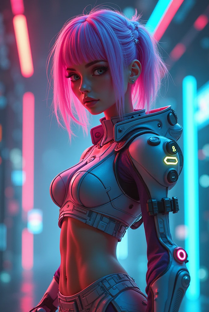 a cyberpunk-inspired woman, porcelain skin, pawg, intricate cyberpunk outfit with bold colors and patterns, eye-catching accessories, trendy and innovative hairstyle, highres, 4k, ultra-detailed, photorealistic, hyper detailed, gorgeous, flawless skin, dramatic lighting, cinematic, digital art, concept art