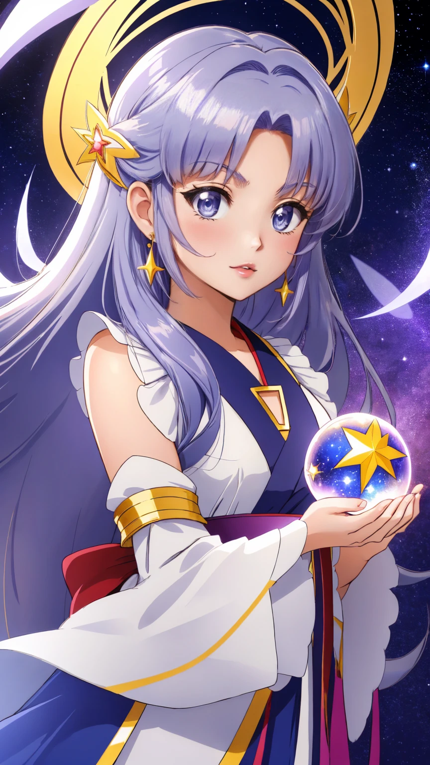 "A serene anime girl with long, silver hair, dressed in an elegant, flowing robe adorned with glowing gold symbols of luck and fortune. She is holding a glowing crystal ball, her eyes reflecting the swirling colors of fate within. The background is a cosmic sky filled with stars and constellations, with a mystical aura surrounding her, symbolizing her connection to the universe’s mysterious forces."