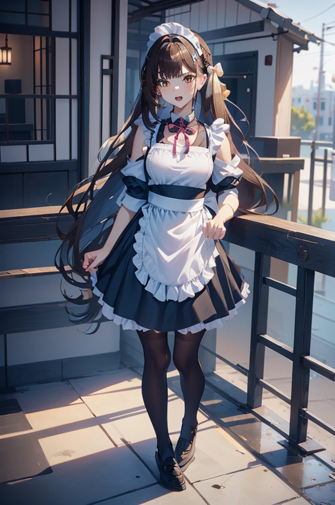 a cute femboy , trap, sushang ,big breasts, black pantyhose, long hair, twintails, darkbrown hair, hairclip, open mouth, wearing japan maid dress , white pantyhose,wearing a sneaker , eye makeup , standing in a cafe at night time. 