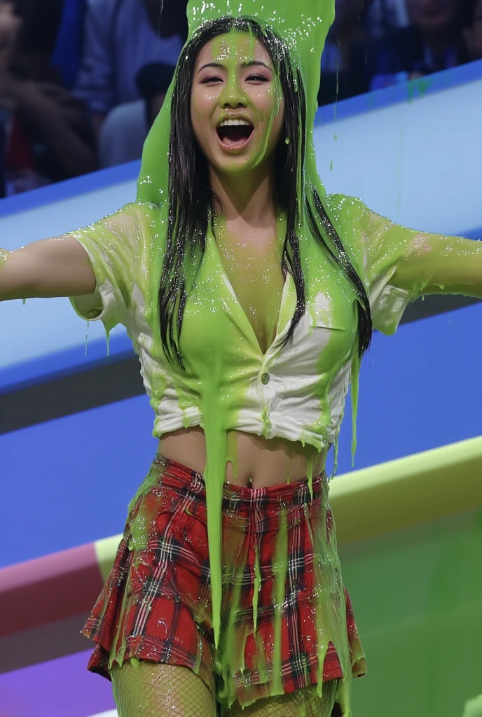 ((Best quality, 8k, Masterpiece: 1.3)), Sharp focus: 1.2, A beautiful woman with perfect body: 1.4, Slim abdomen: 1.2, ((Layered haircut, Large breasts: 1.2)), (no bra) (Small), sad face, slime bucket above her head, ((Green sludge falling down)) high quality, best quality, masterpiece, 1girl, humiliated, long hair, stage, Tv game show, attractive brunette, slimed woman, ((green sludge falling on her hair and face), laughing crowd, shallow depth of field, large audience, Slimed, woman, shocked, photorealistic, full length, bright studio, crowd behind
