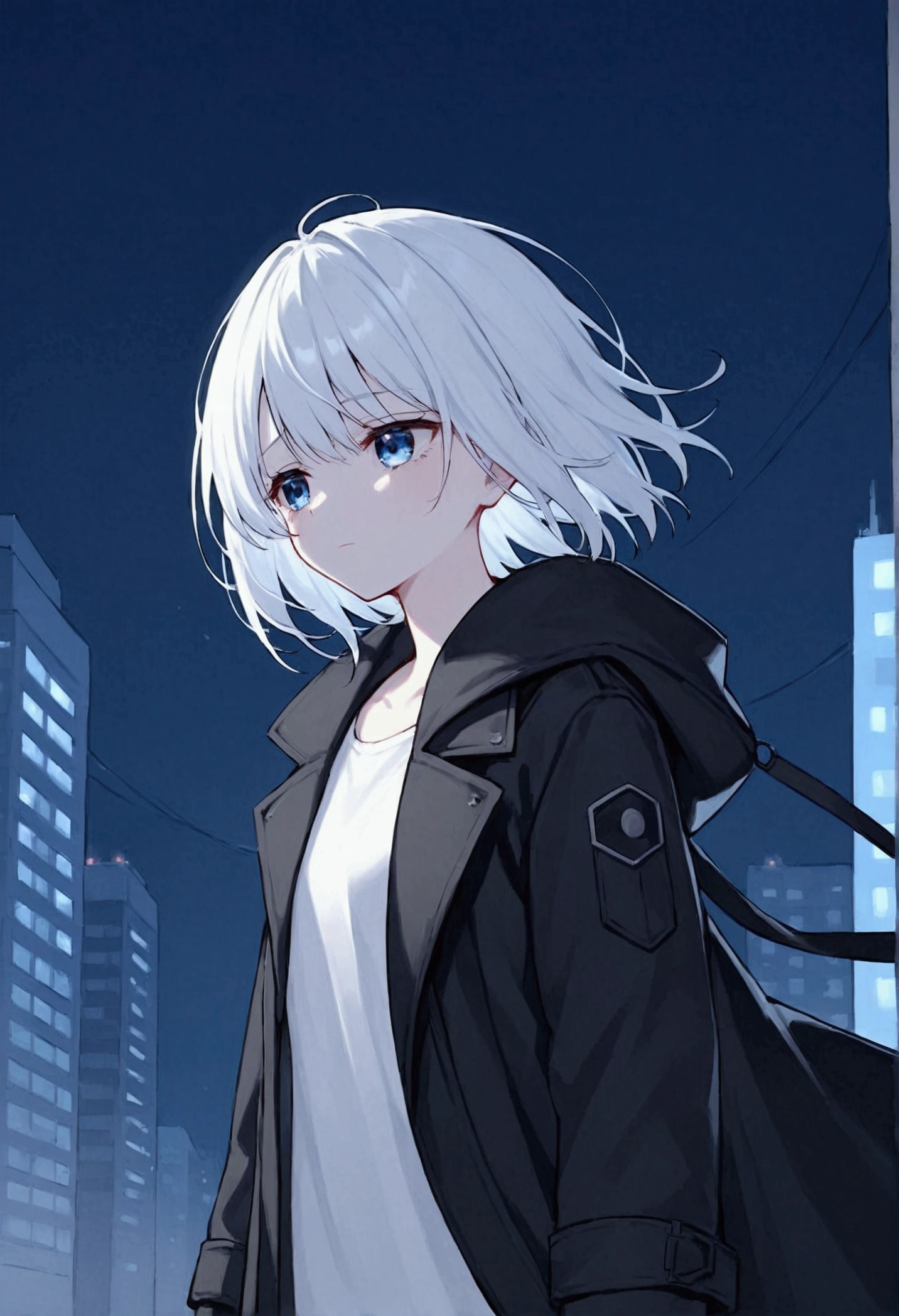 a girl, short white hair, blue eyes, long black coat, coat billowing in the wind, night scene, in the city, sad eyes, white shirt under black coat