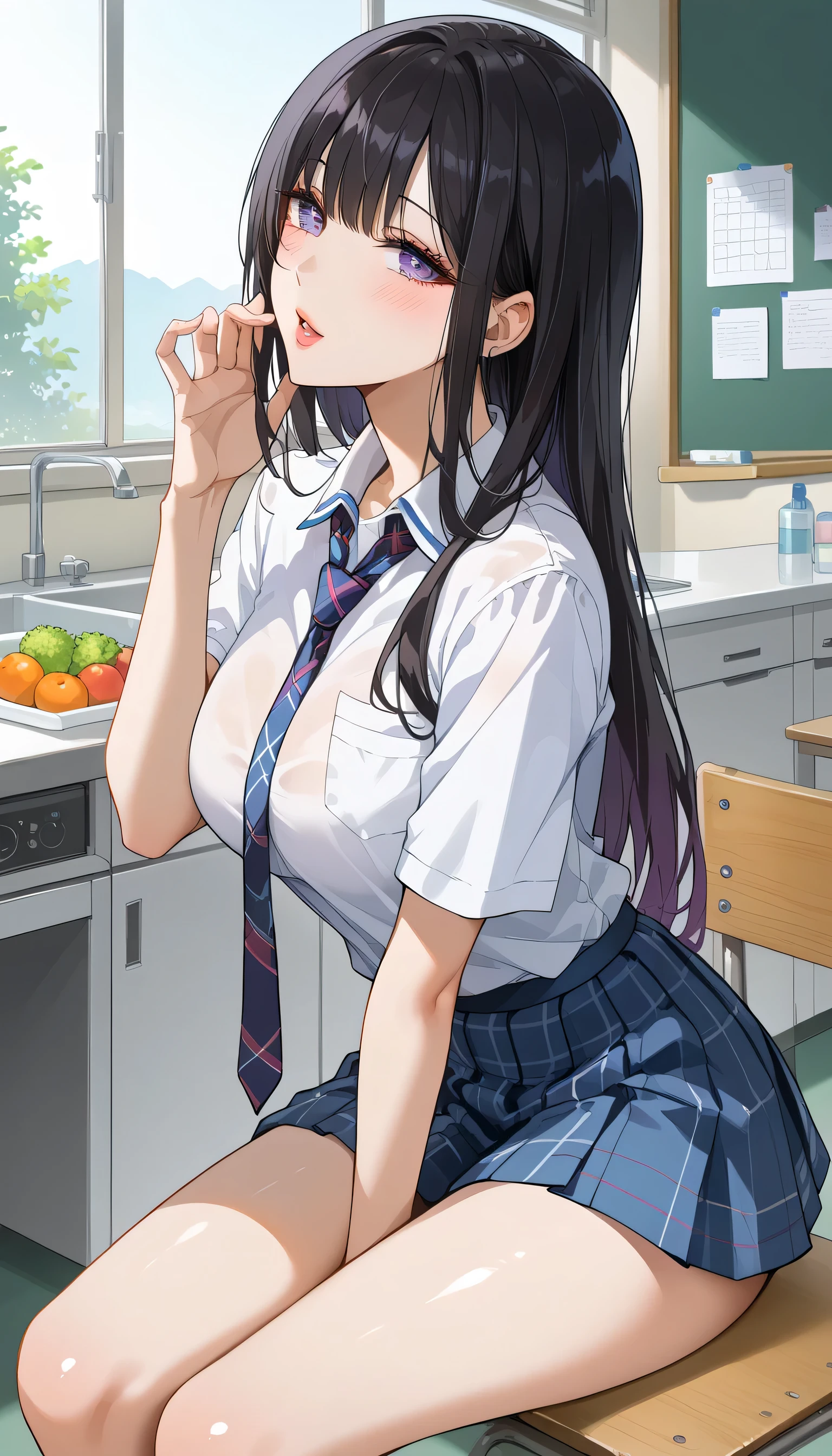 School、、 yandere、backyard、 score_9,  score_8_up,  score_7_up,  source_Anime,masterpiece,checkered necktie、、Kiss顔、Kiss、 best quality, BEAUTIFUL AND DETAILED EYES ,  beautiful detailed lips、Aggressive look、 very detailed eyes and face ,、 long breasts, 1 female,、 high school girl、Matte Clothes 、 plaid skirt for sitting in a yuka、Big saggy breasts, shockingly  Big Breasts ,  Big Breasts ,  at school or behind the school building、Outside the school building 、、 gym sitting の女の子、 no makeup、 black hair、 long hair、Kitchen Disorders 、、As planned 、 taken from behind 、Gal-like pose、 turn your back、 gym sitting 、床に gym sitting 