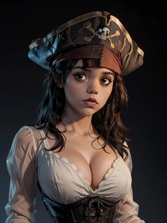 A girl, Alone, (bust, Upper part of the body, front view:1.2), black eyes, Jenna Ortega, Captain Jack Sparrow, pirate, pirate hat, pirate outfit, corset, (big breasts, giant breasts, neckline:1.2), (Masterpiece, Very detailed, look at the viewer, bright blurred gray background, gradient spray background, blurred background:1.2)