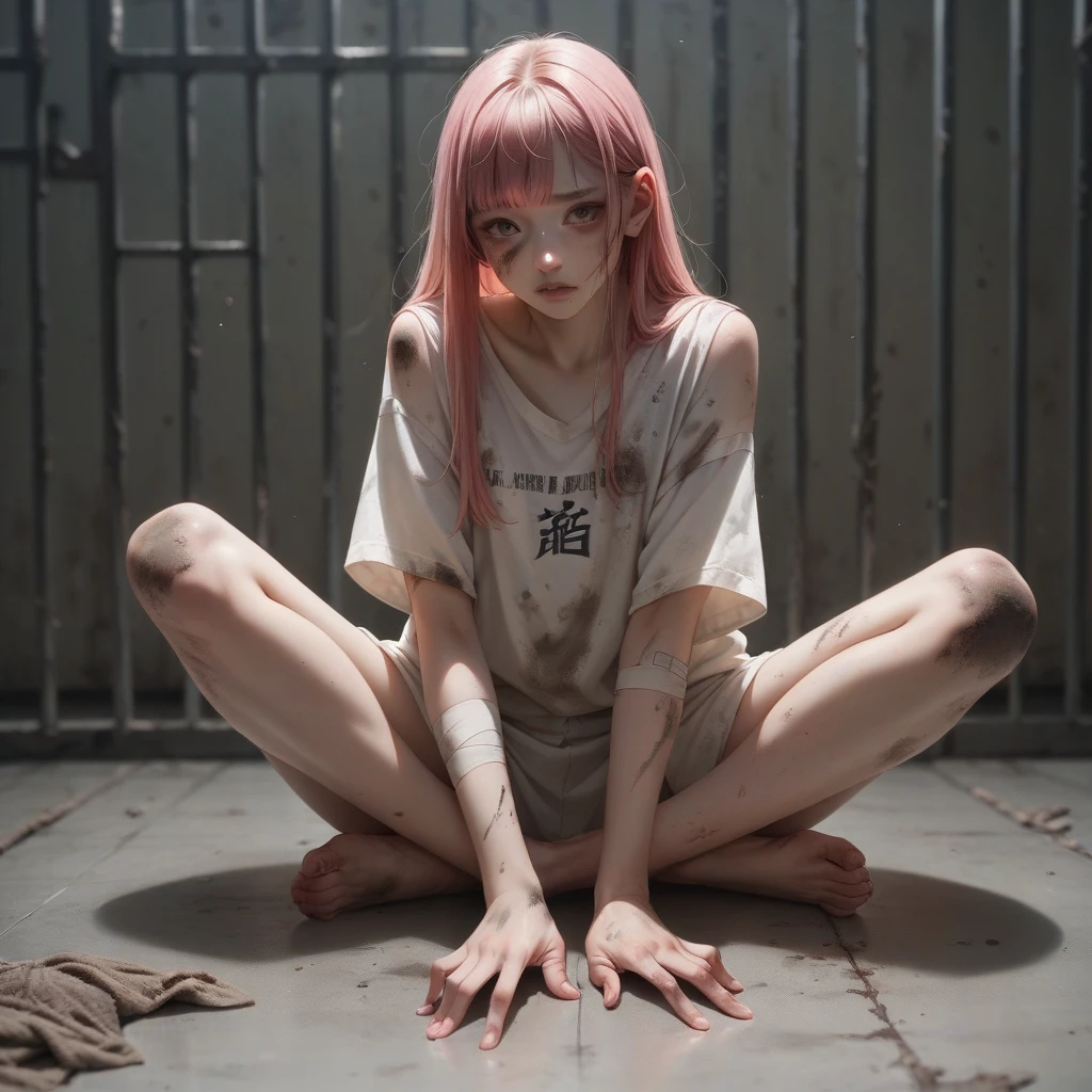 A Japanese woman . Pink hair with bangs.  Sitting floor. Dirty prison. Dirty body. Many injuries.