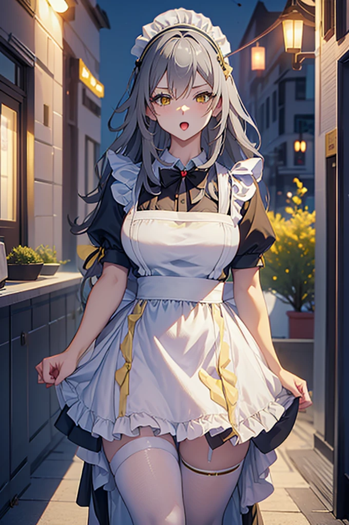 a cute femboy , stelle hsr ,gray hair, long hair, yellow eyes, large breasts ,open mouth, wearing japan maid dress , white panty hose,wearing a sneaker , eye makeup , standing in a cafe at night time.