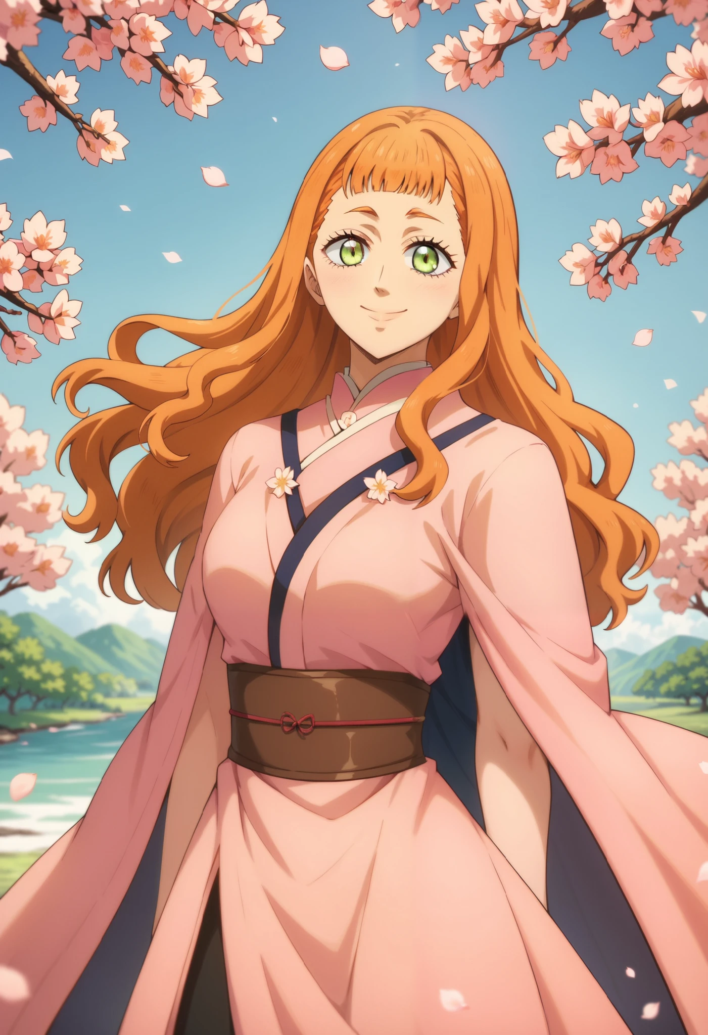 score_9, score_8_up, score_7_up, (black clover style, mimosa_vermillion), (1girl, solo), upper body, (orange hair, wave long hair), happy smile, pink kimono with flower pattern, (cherry blossom trees background, cherry blossom petals dancing in the wind)