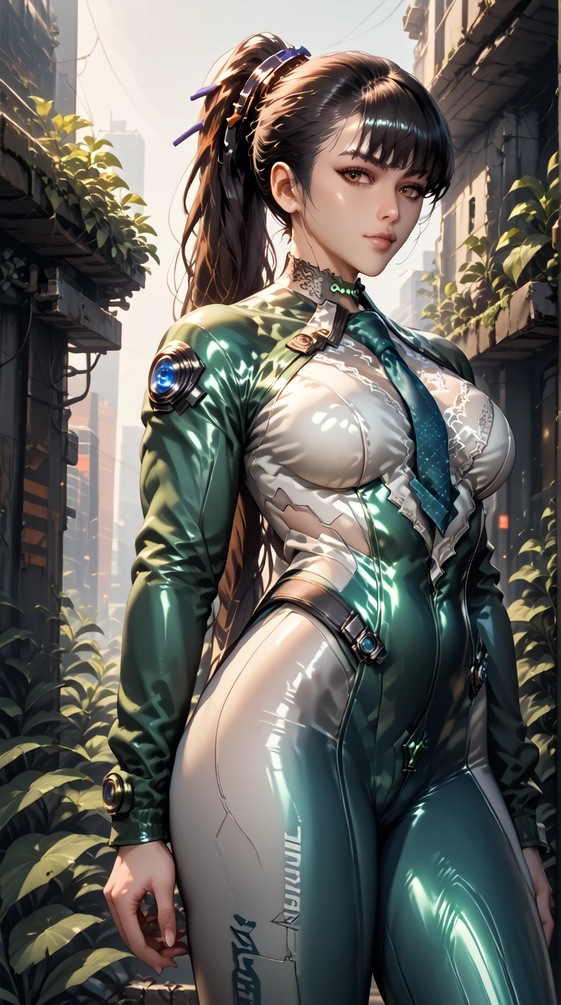 Score_9, Score_8_up, Score_7-up, Score 6-up, ScoreS Score 4_up, Source anime, eve (stellar_blade), solo, bodysuit, necktie, abandoned cyberpunk city overgrown with plants, standing, looking at viewer, shiny clothes, skin tight,