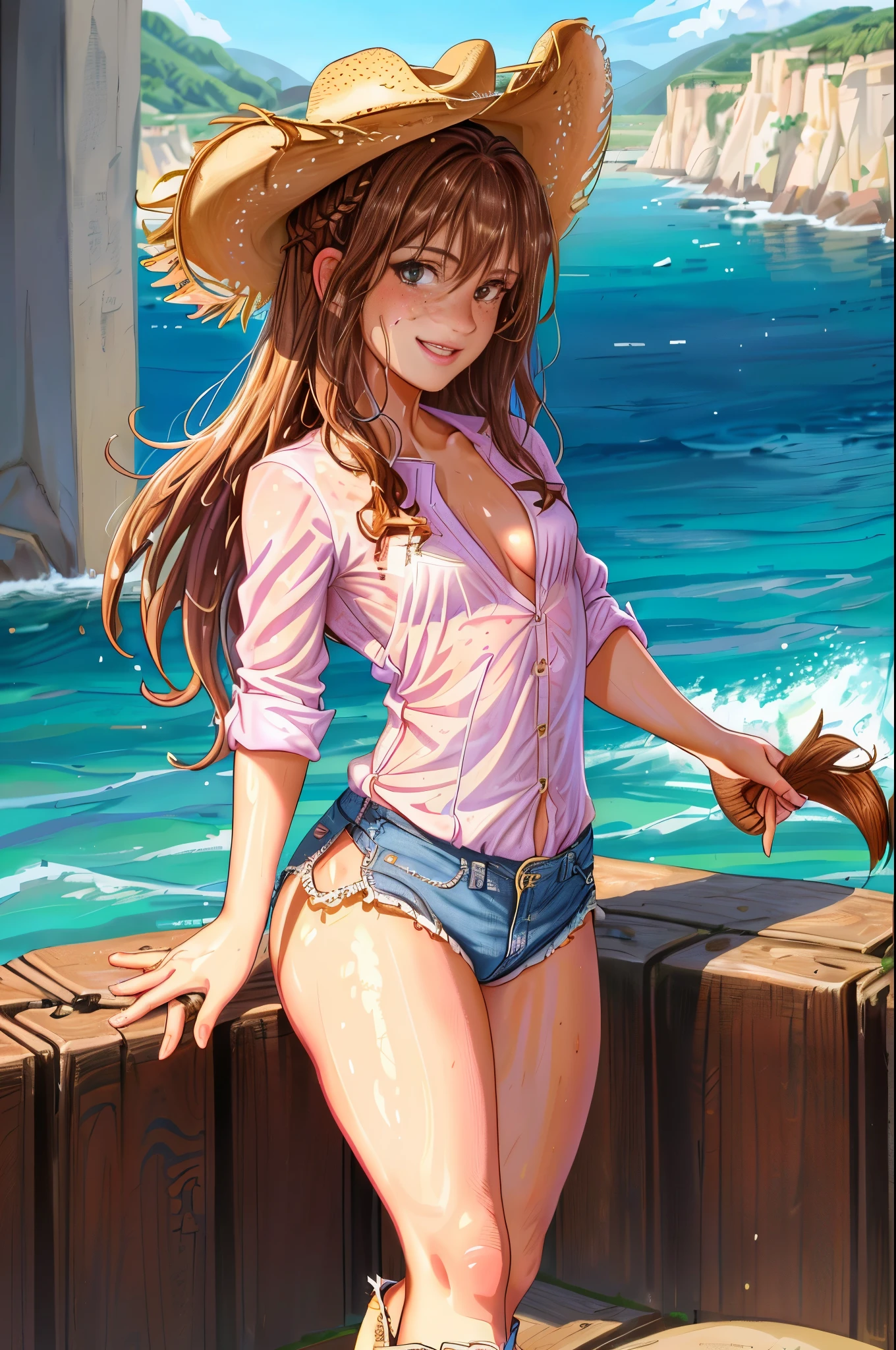 Aerith Gainsborough from final fantasy 7 rebirth, extremely detailed face, ((nude)), (( full body)), walking on beach, barefoot
