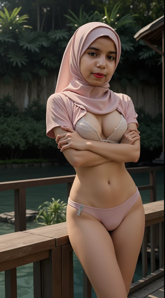 ((Chubby)), ((Straddling)), "Naked Lingerie Bra" ((Hijab Stylish)), (Malaysia female), age 15 years old, 8K, photottorialism, G-String, ((RED LIPSTICK))