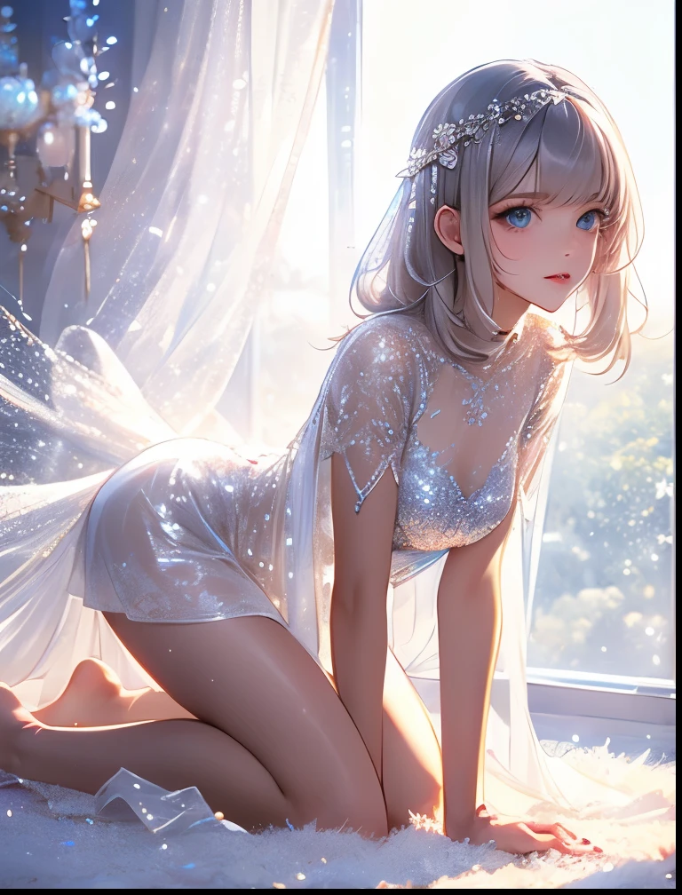 （（（ＳＦＷ、Precision、Highest quality、A first-class masterpiece、Normal body、8k、  Detailed Face 、Ultra-precision、 Normal hand、５refer to、Highest）））、There are neat, pretty, and cute silver-haired beautiful girls on all fours wearing a see-through, see-through, v-cut, super high-leg cut dress that is transparent and glittering enough to see through her skin