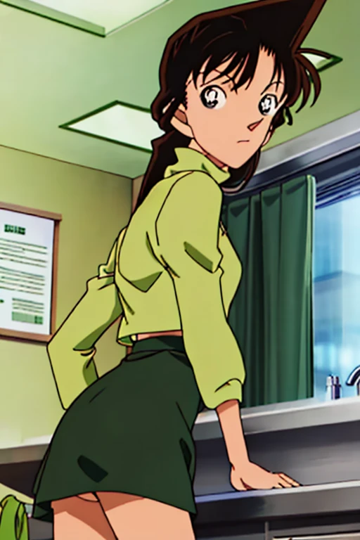 {{{Long Hair}}},{{{Public Documents }}},{{{adult}}},Green One Piece Dress,turtleneck green tight skirt , { light green cropped mini jacket}, Green Socks ,,sink,laundry,kitchen,bringing upper body to the sink,open,Back view of a person leaning forward