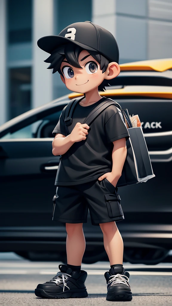 
realistic Anime style 1 handsome guy, wearing black plain cap ,black shirt and black cargo short, white sneaker ,holding grocery bags on 2 hands smiling, full body shot, accurate prompt details, no blurry,no backbag perfect eyes, standing beside his black sports car in the parking lot of the grocery store
