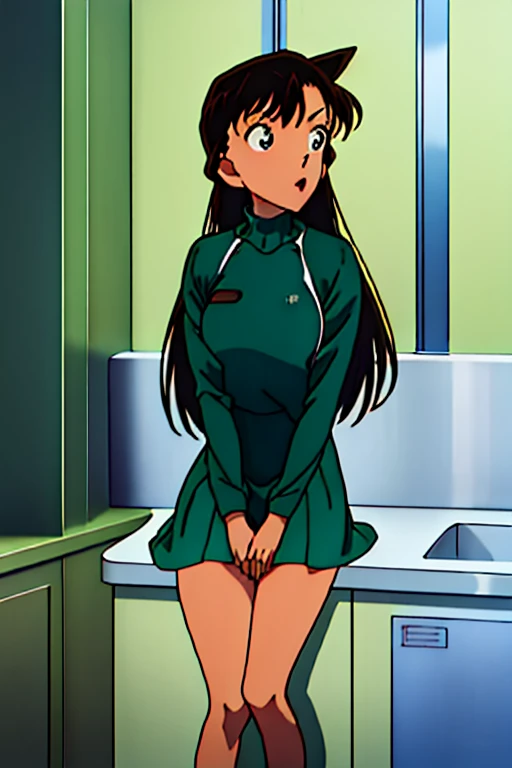 {{{Long Hair}}},{{{Public Documents }}},{{{adult}}},Green One Piece Dress,turtleneck green tight skirt , { light blue green cropped mini jacket}, Green Socks ,,sink,laundry,kitchen,bringing upper body to the sink,open,Back view of a person leaning forward