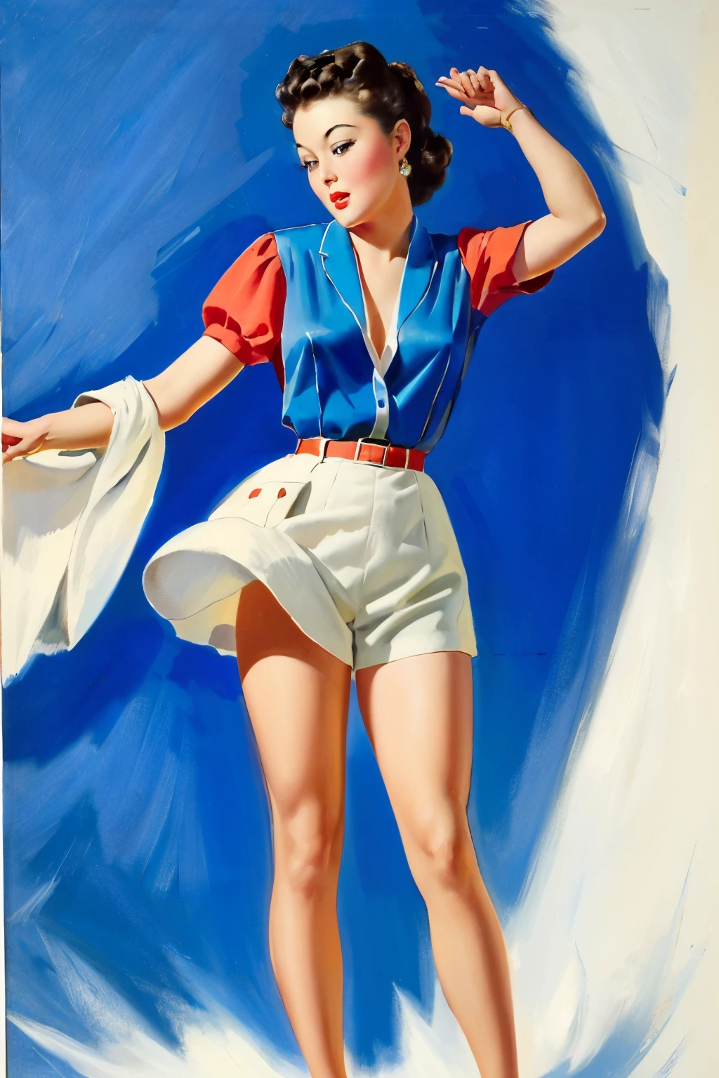 painting of a woman in a blue shirt and white skirt leaning on a pole, inspired by Art Frahm, enoch bolles, by Tina Blondell, pinup art, pin - up, pin-up, pinup, pin up, inspired by Richard Rockwell, gil elvgren style, pin up girl, dancing on a pole, by Fred Cress