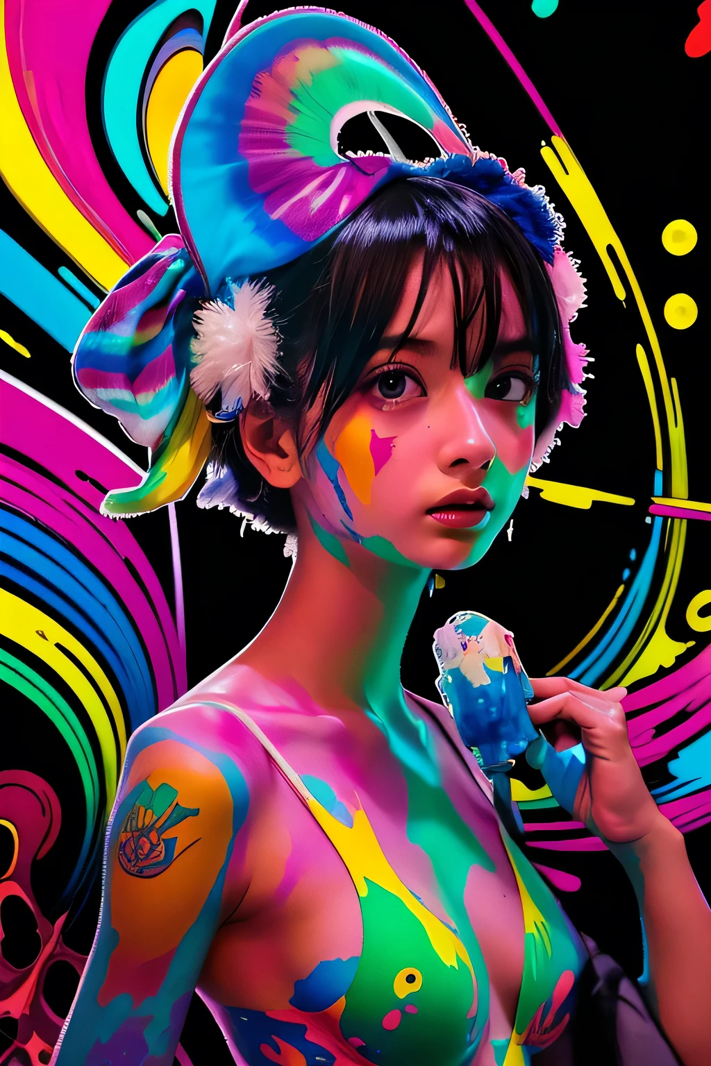 Color Splash,Paint splatter,Captivating psychedelic surreal neon amazing universe beautiful gorgeous women in a bright colorful neon light,Mark Ryden、Daniel Merriam、Bright neon colors in the style of Frank Frazetta and Boris Vallejo, 、Superrealism, Trippy, Brilliant, beautiful, The finer details, Intricate details, Super detailed, oil, Complex colors,nsfw:1.8