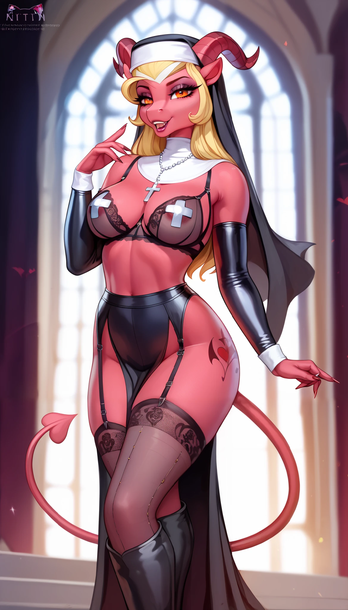 score_9, score_8_up, score_7_up, blonde, lust girl, succubus, devil girl, horny girl, female focus, anthro, mlp, mlp style, skimpy black nun outfit, nun hat, embroidery, sexy lingerie, bra pasties,. sexy pose. overknee-high boots, full body, (Perfect Anatomy), Masterpiece, Ultra High Quality, 8k, masterpiece, Highest quality, Ultra-high resolution, Maximum resolution, Very detailed, Professional Lighting, anime, so beautiful, Highly detailed eye, Highly detailed face,
