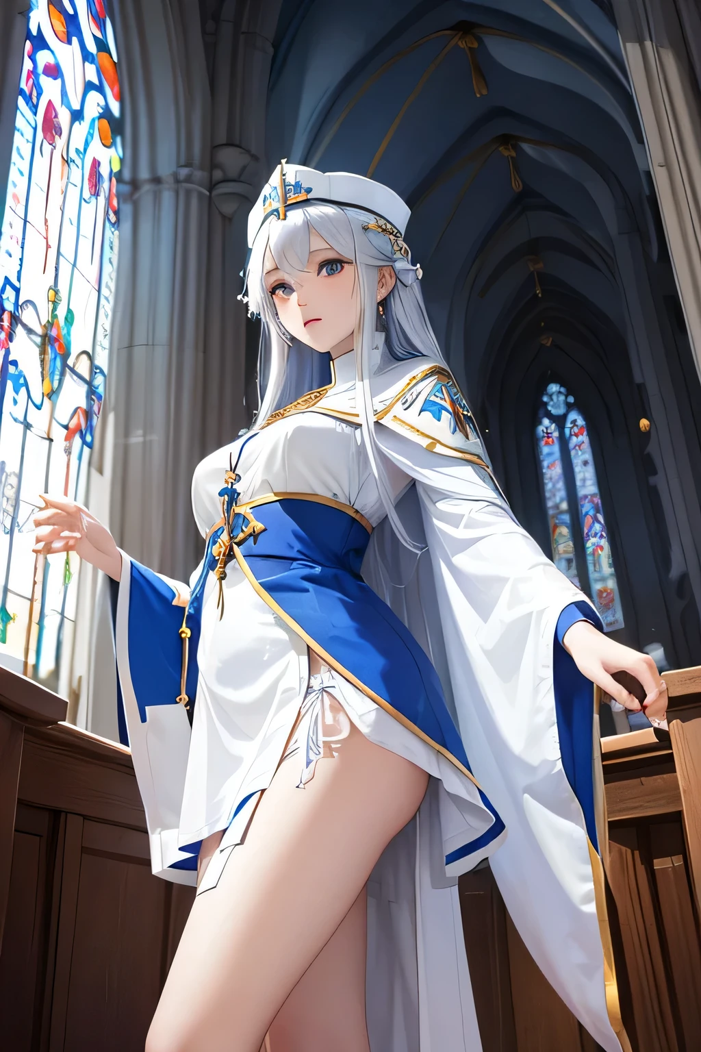 girl、priest、hat、join hands、smile、topless、nipple、nsfw、Stone wall background