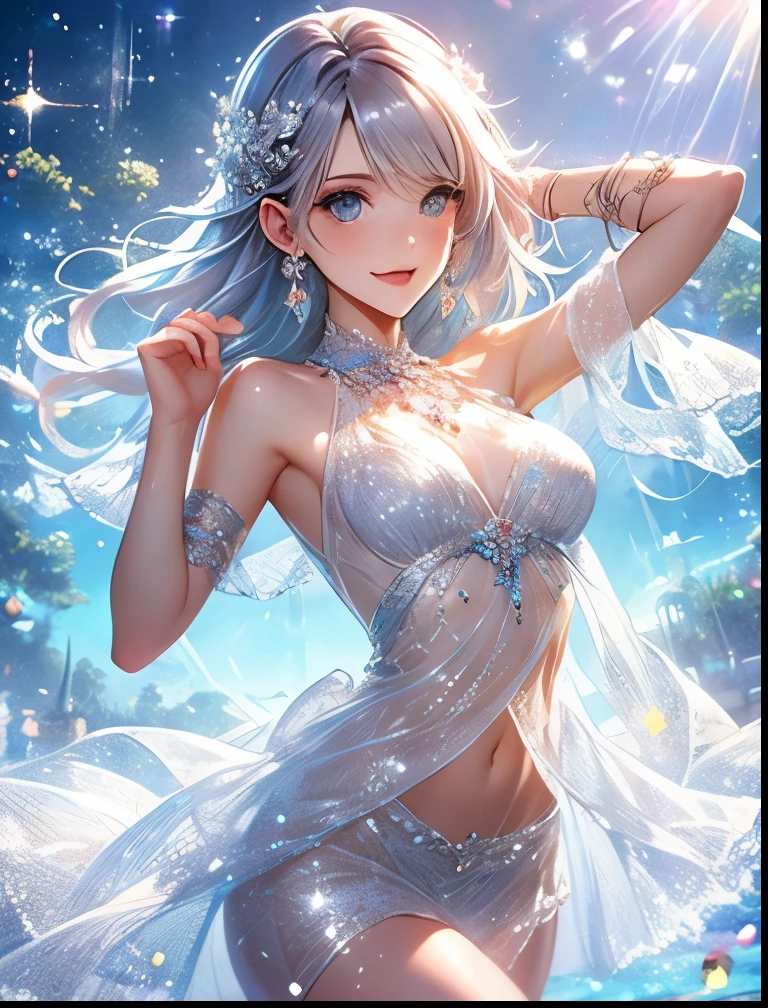 (((SFW、Precision、Highest quality、A first-class masterpiece、Normal body、8k、 Detailed Face 、Ultra-precision、 Normal hand、5refer to、Highest)))、A beautiful, pretty, and cute silver-haired girl wearing a transparent and glittering belly see-through V-cut super high-leg cut dress that allows her skin to see through raised her hands and tied them with a chain