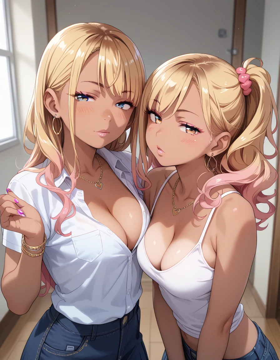 2girls, gyaru,medium breasts,,half closed eyes,looking viewer,,cleavage